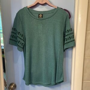 Bobeau Teal Short Sleeve Top with Embroidered Detail